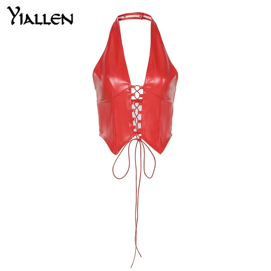 Yiallen Hollow Out Bandage Hipster Straight Trousers Women 2021 New Faux PU Leather Solid Fashion Street Style Pants Female Hot