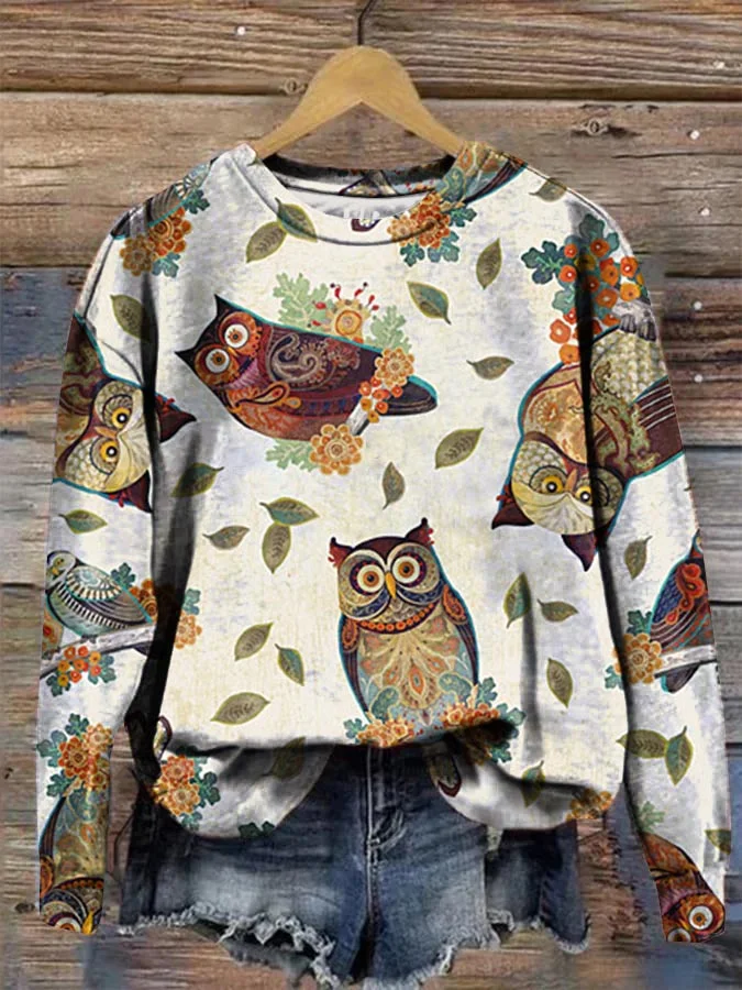 Women's Floral Owl Long Sleeve Crewneck Sweatshirt