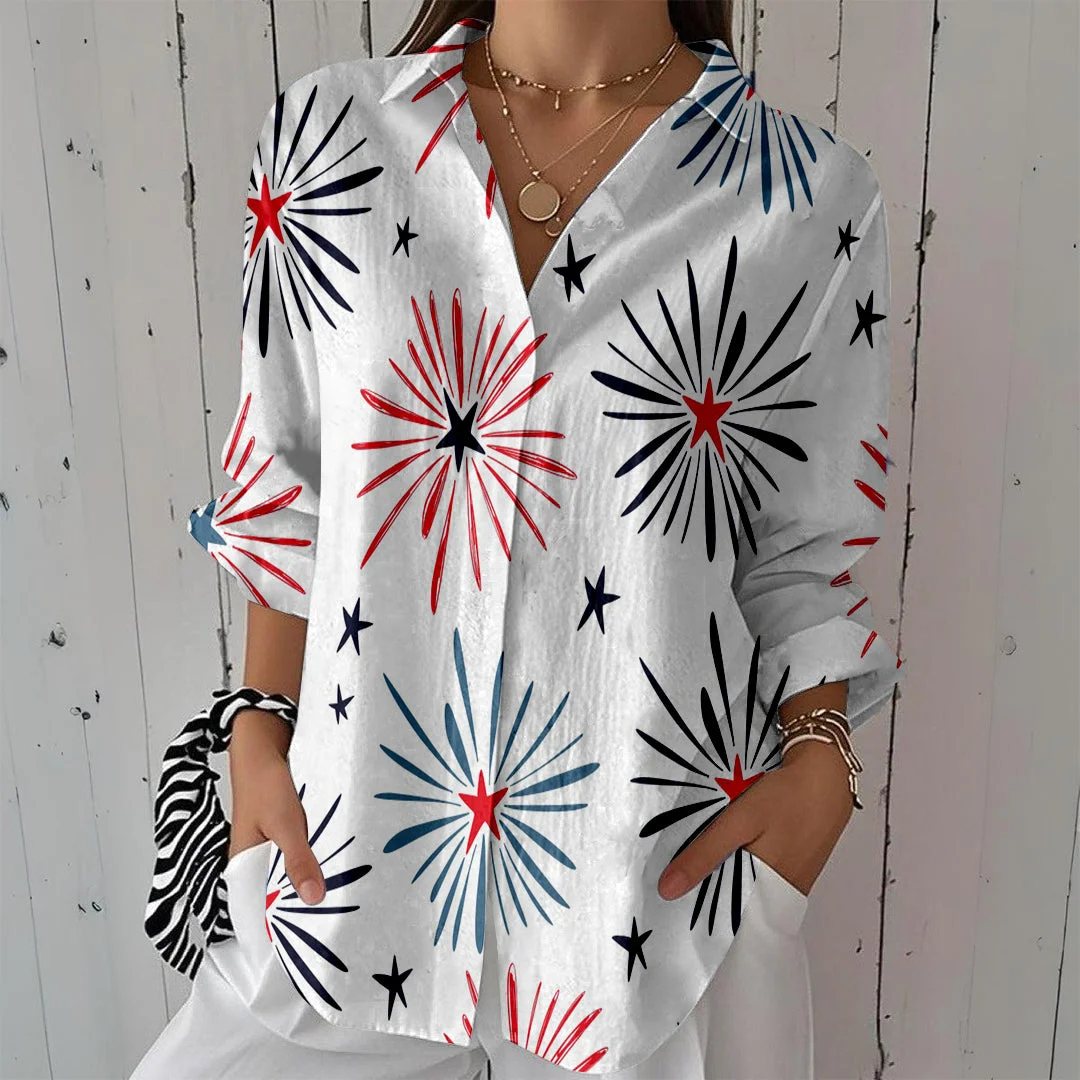 Style & Comfort for Mature Women Women  Independence Day, Star, Striped, Blue, Red DZCL0238 3/4 Sleeve Shirt Collar Printed Button Tops