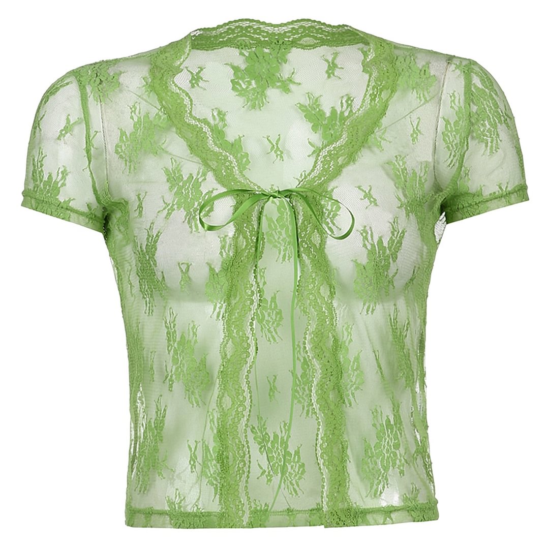 Women Casual Beach Blouse Summer Sheer Mesh Cardigan See Through Tie Up Split Crop Top Short Sleeve Floral Shirt Blusas Female