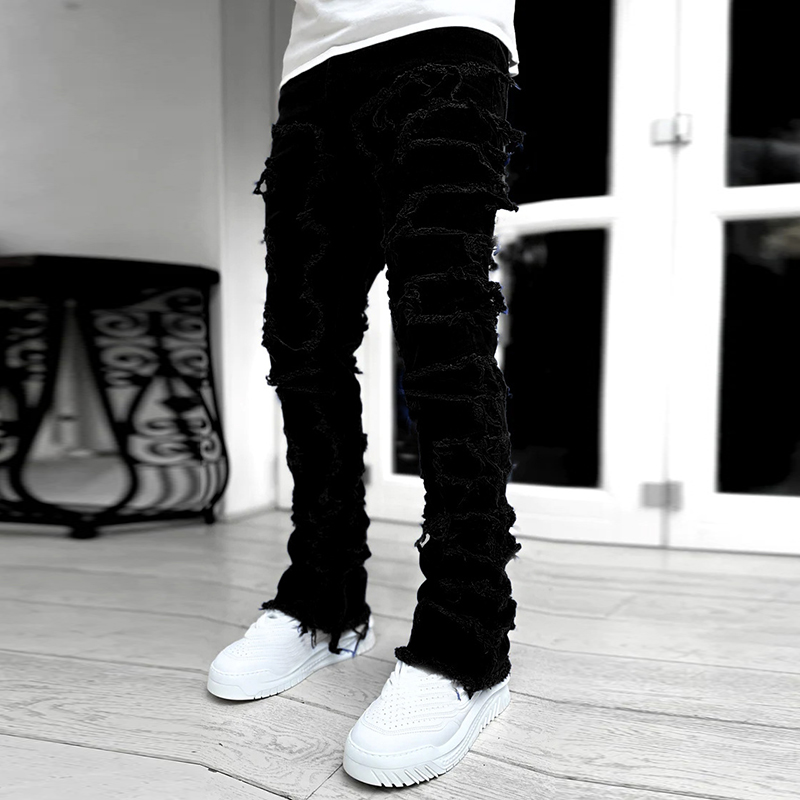 Hiphop Fashion Elastic Patch Denim Straight Pants