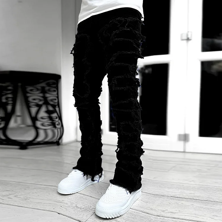 Hiphop Fashion Elastic Patch Denim Straight Pants SOPULA