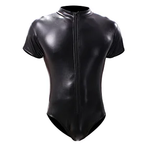 Men's amazon zipper faux leather jumpsuit short-sleeved patent leather jumpsuit