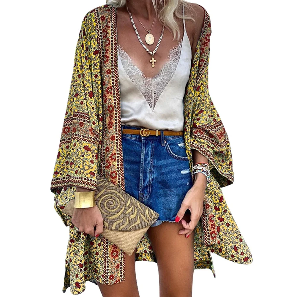 Women Boho Print Floral Beachwear Kimono Cardigan Loose Long Sleeve Shawl Capes Blouse Bikini Cover Wrap Outdoor Thin Coat D30