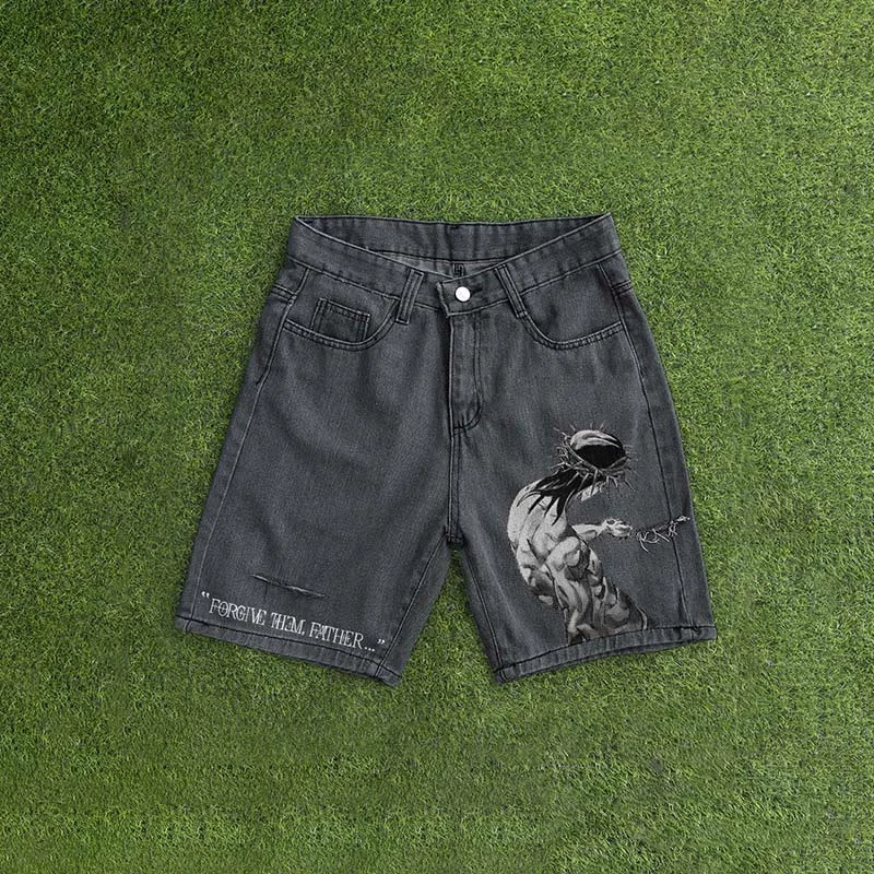 Forgive Them, Father Print Ripped Denim Shorts