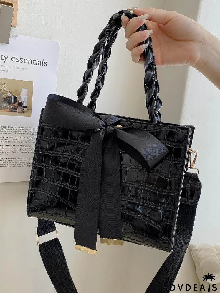 Bow Decor Croc Embossed Satchel Bag