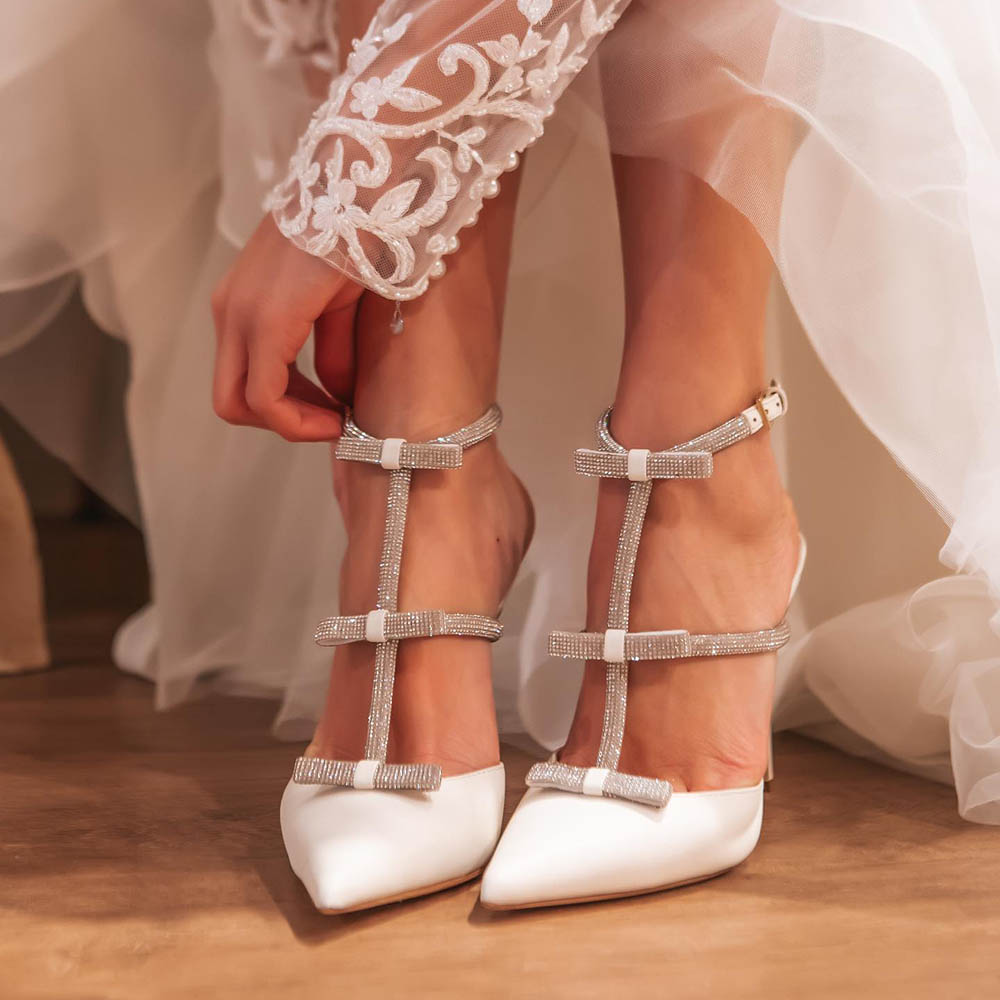 White Pointed Toe 4‘’ Stiletto Heel T-Strap Pumps with Rhinestone Nicepairs