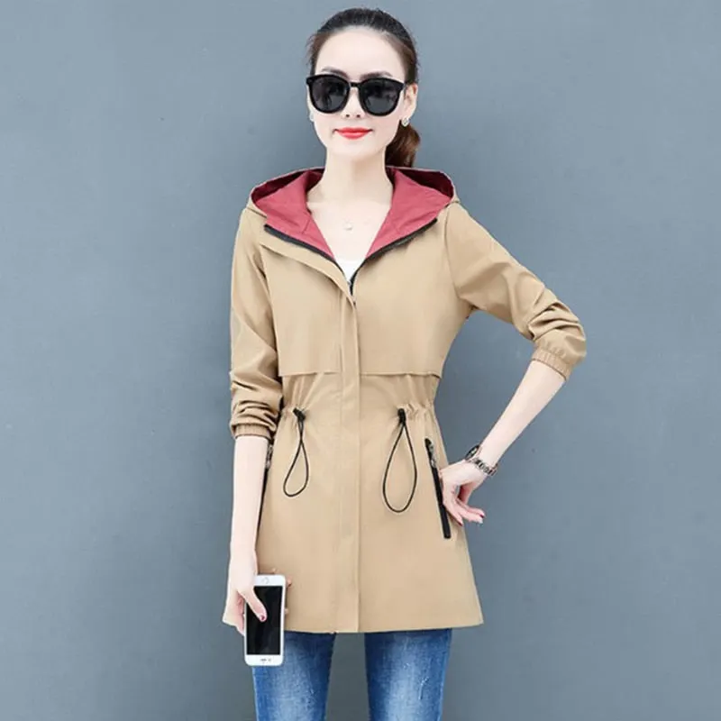 Spring Autumn Women's Trench Coat New Double-sided Wear Plus Size 5XL Hooded Mid Long Outerwear Female Windbreaker Basic Coats