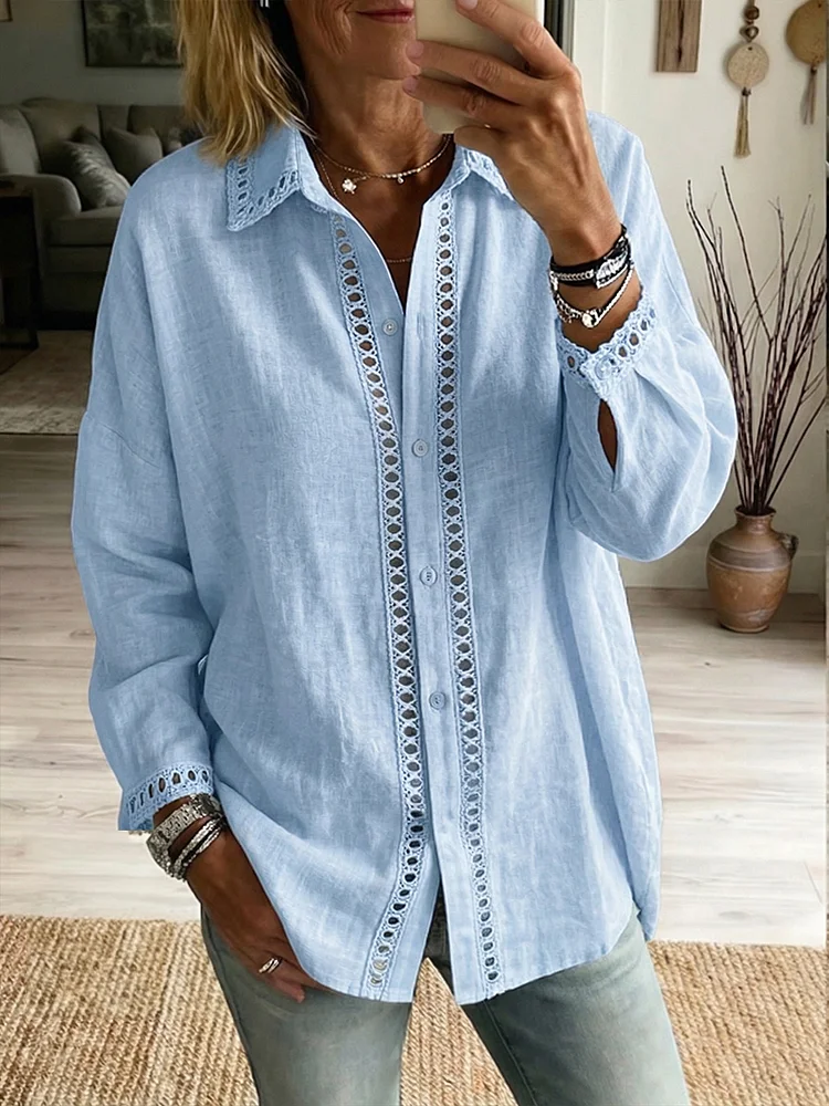 Casual Long-sleeve Linen-cotton Shirt With Spliced ​​cutout Webbing