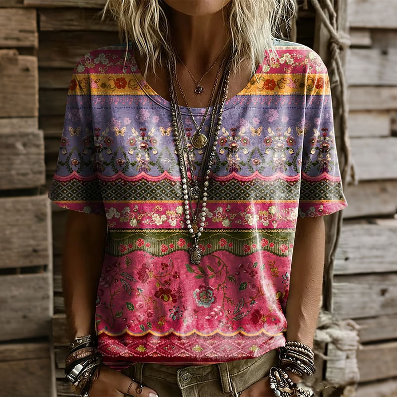 Comstylish Women's Vintage Tribal Pattern Print Short Sleeved T-shirt