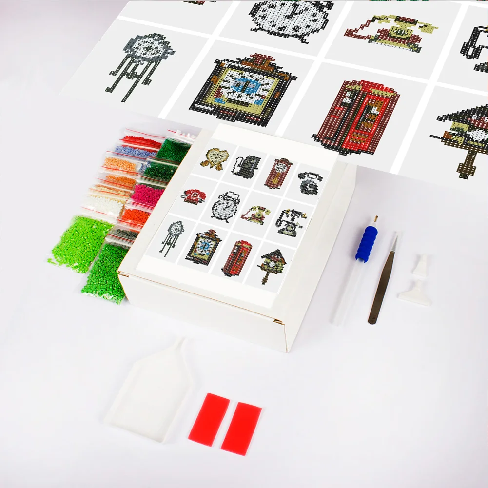 12pcs Clock DIY Mini Round Diamond Painting Set Desktop Decor No Frame12x8cm