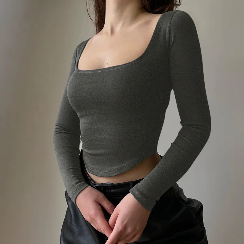 Churchf Churchf Square Collar Long Sleeves With T-Shirt Women's Winter Sexy Crop Slim Short Top