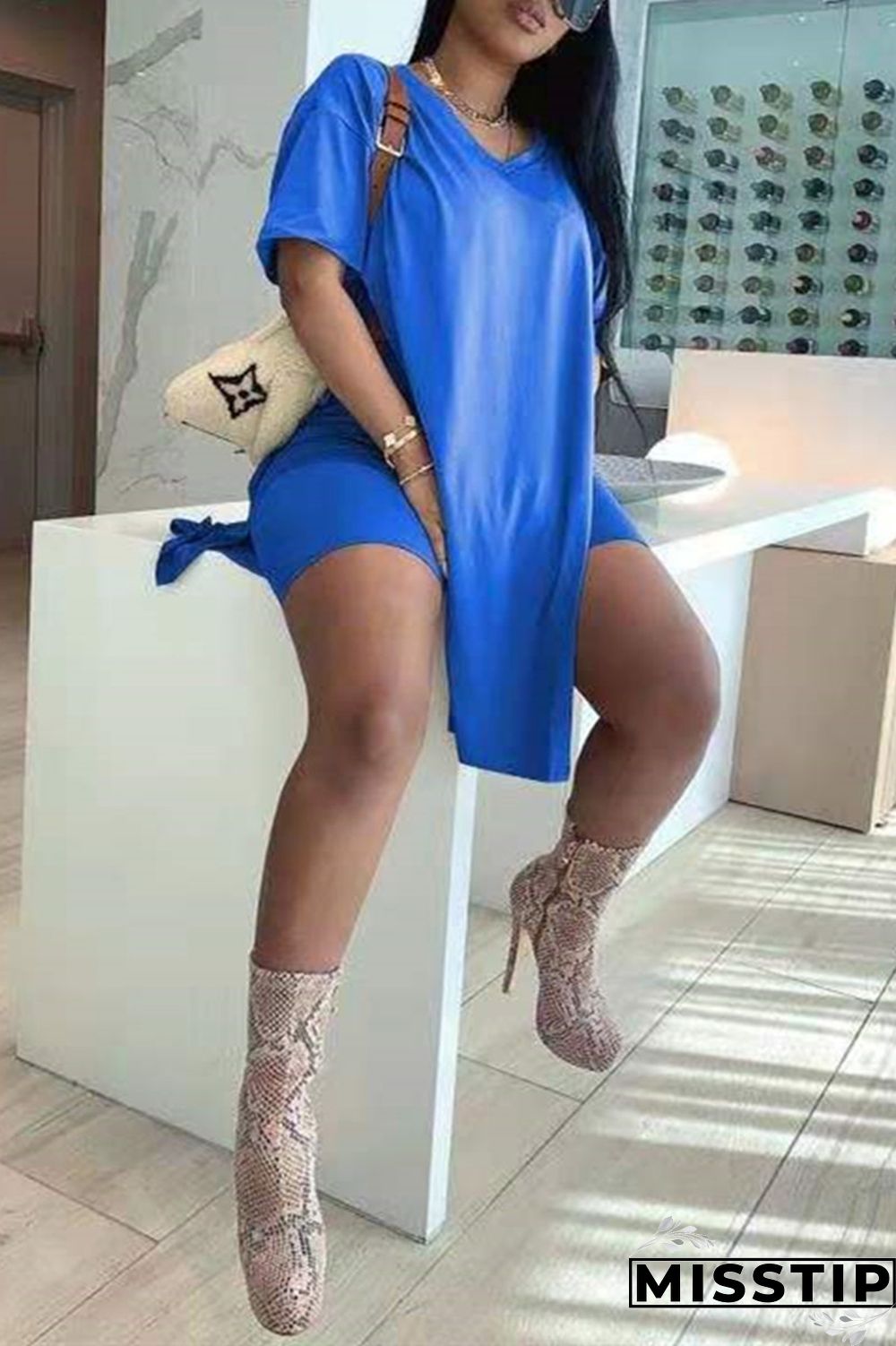 Khaki Fashion Casual Solid Slit V Neck Short Sleeve Two Pieces