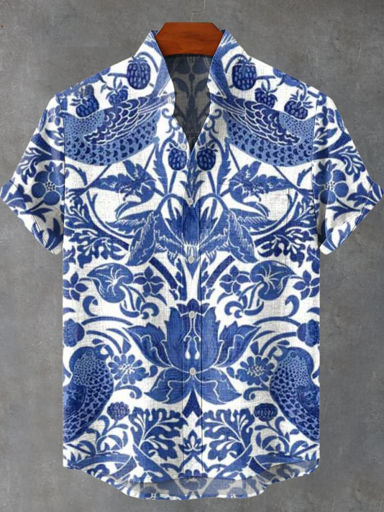 Men's Floral Holiday Cartoon Stand Collar Print Shirt PLUSCLOTHESMAN