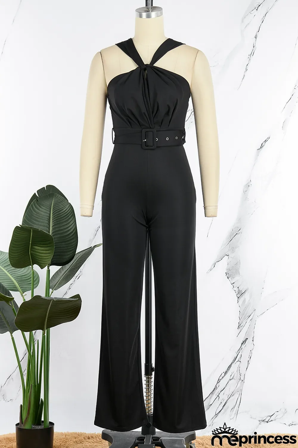 Blue Casual Solid Patchwork Backless With Belt V Neck Regular Jumpsuits