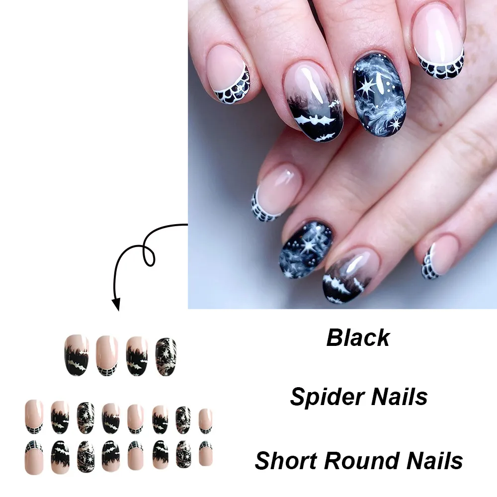 Churchf Churchf Short Round Nail French Cow Pattern Bat Halloween Element Fake Nail Finished Wear Nail Holiday Nail