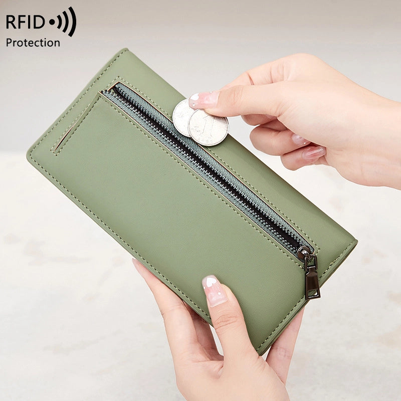 RFID Anti-theft Brush Women’s Wallet New PU Solid Color Ultra-thin Credit Card Holder Zipper Hasp Long Wallet