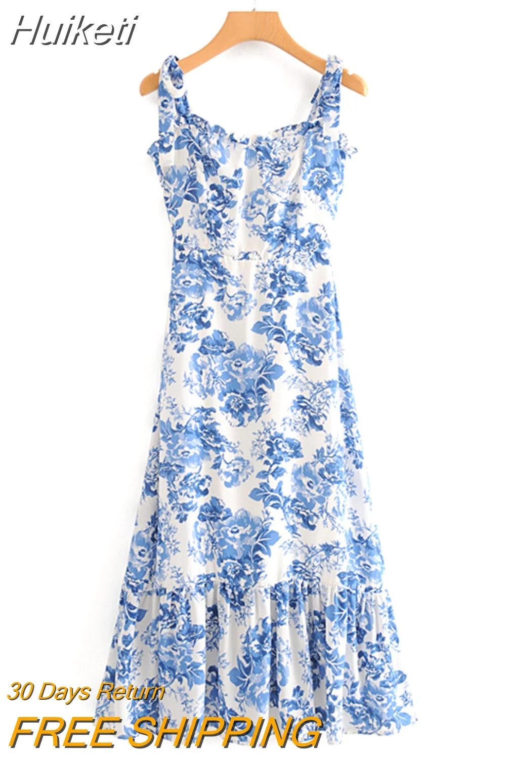 Huiketi Dresses Women 2023 Vintage Blue White Floral Print Dress Woman Sexy Spaghetti Strap Tie Chiffon Elegant Ruffle Midi Dress