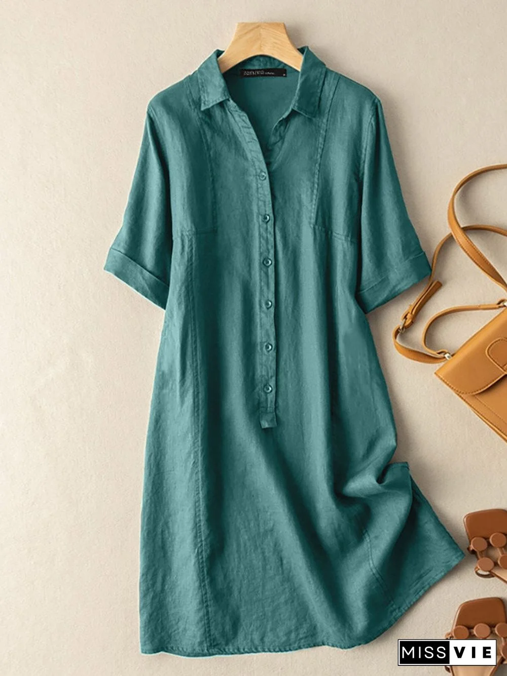 Solid Button Front Short Sleeve Lapel Shirt Dress