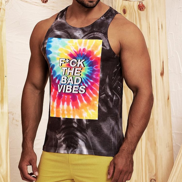 Summer Men's Tie-dye Print Tank Top"Fuck The Bad Vibes" Beach Casual Breathable Sleeveless Vest T-Shirt