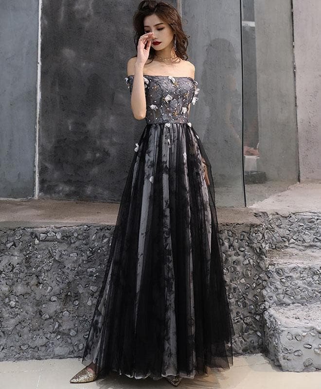 Black Tulle Lace Long Prom Dress, Black Tulle Evening Dress