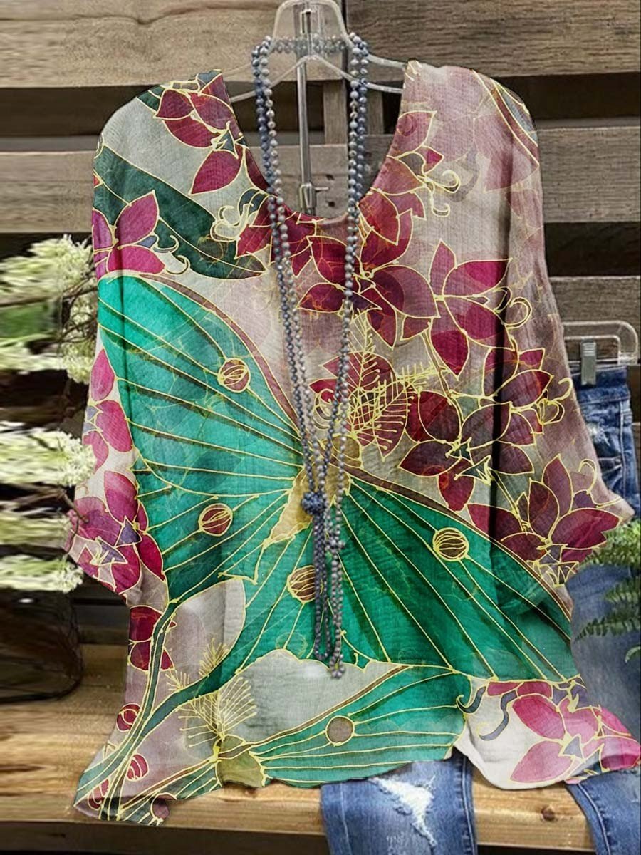 Plant And Butterfly Printed Women's Casual Top