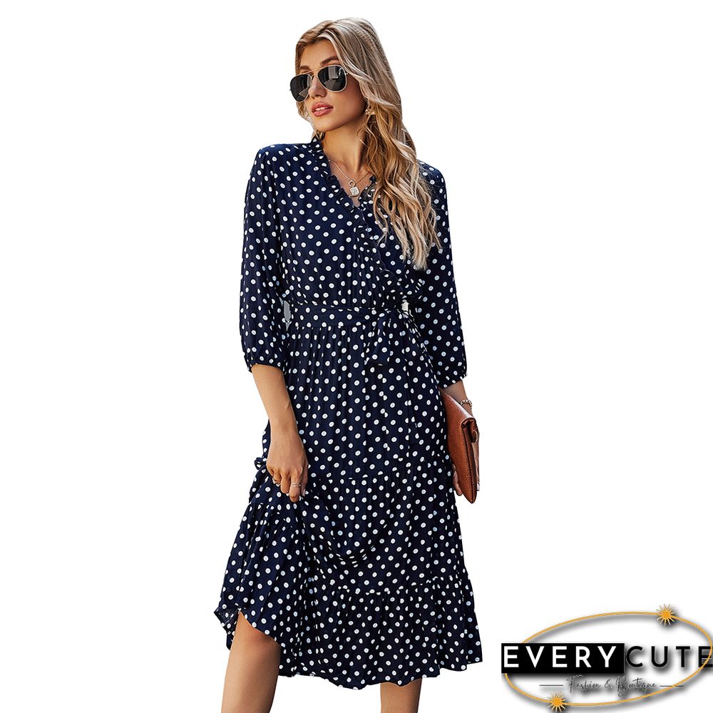 Navy Blue 3/4 Sleeve Polka Dot Ruffle Hem Maxi Dress