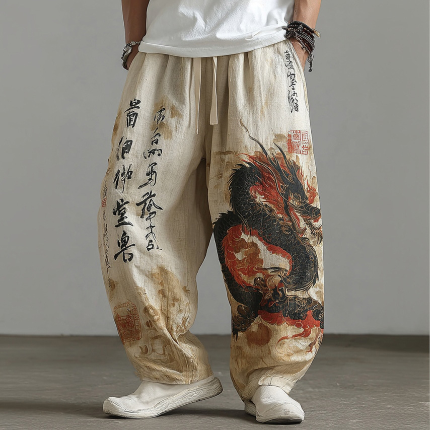 Men's Retro Dragon And Calligraphy Print Linen Casual Pants  artssus