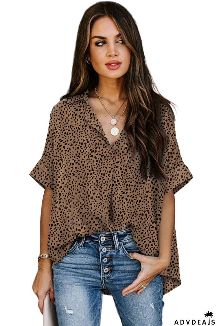 Dotted Print V Neck Drape Front Blouse