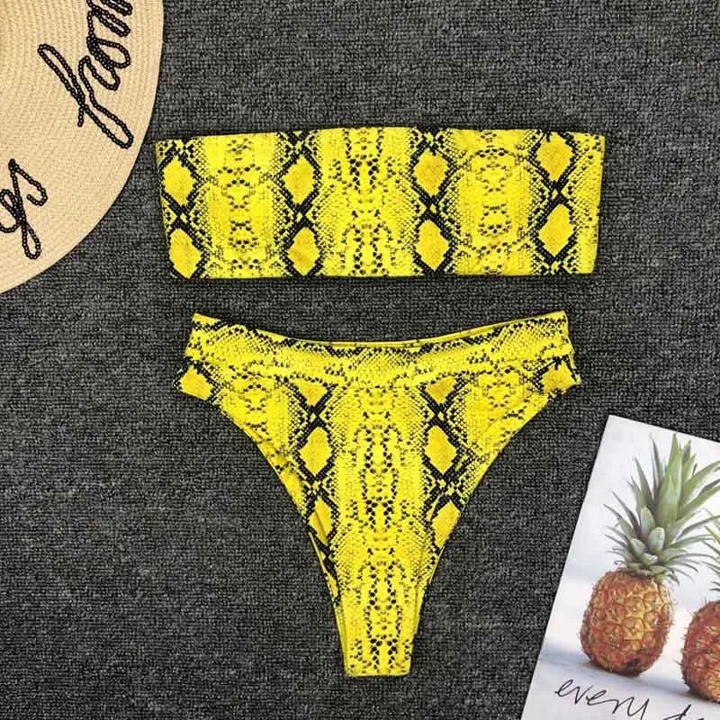 2021 New High Waist  Bikini set Yellow Bandeau Swimsuit Sexy Print Thong Bikini Women Swimwear Two-pieces Bather Bathing Suit