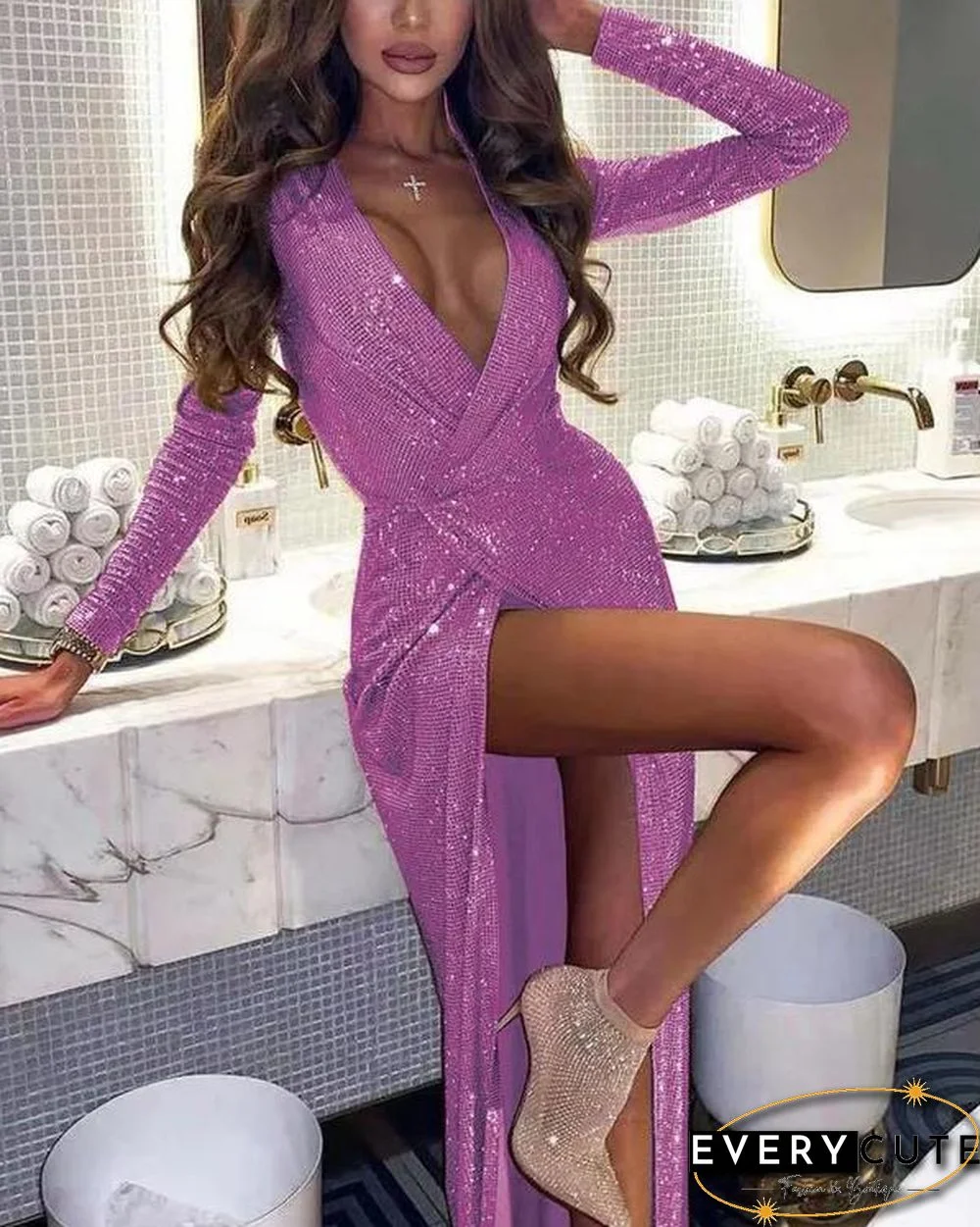 Elegant High Split Sequine Evening Dress