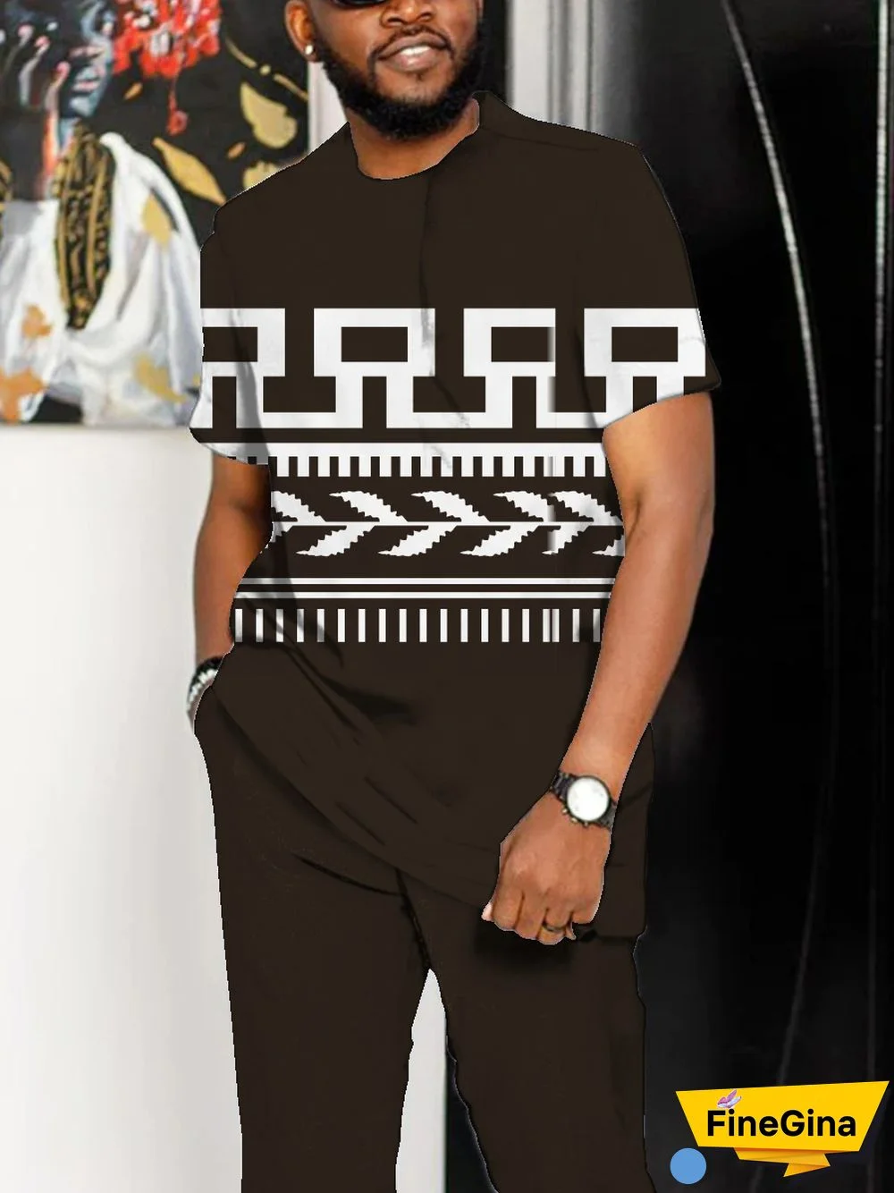 Brown Casual Geometric Patchwork O Neck Short Sleeve Two Pieces
