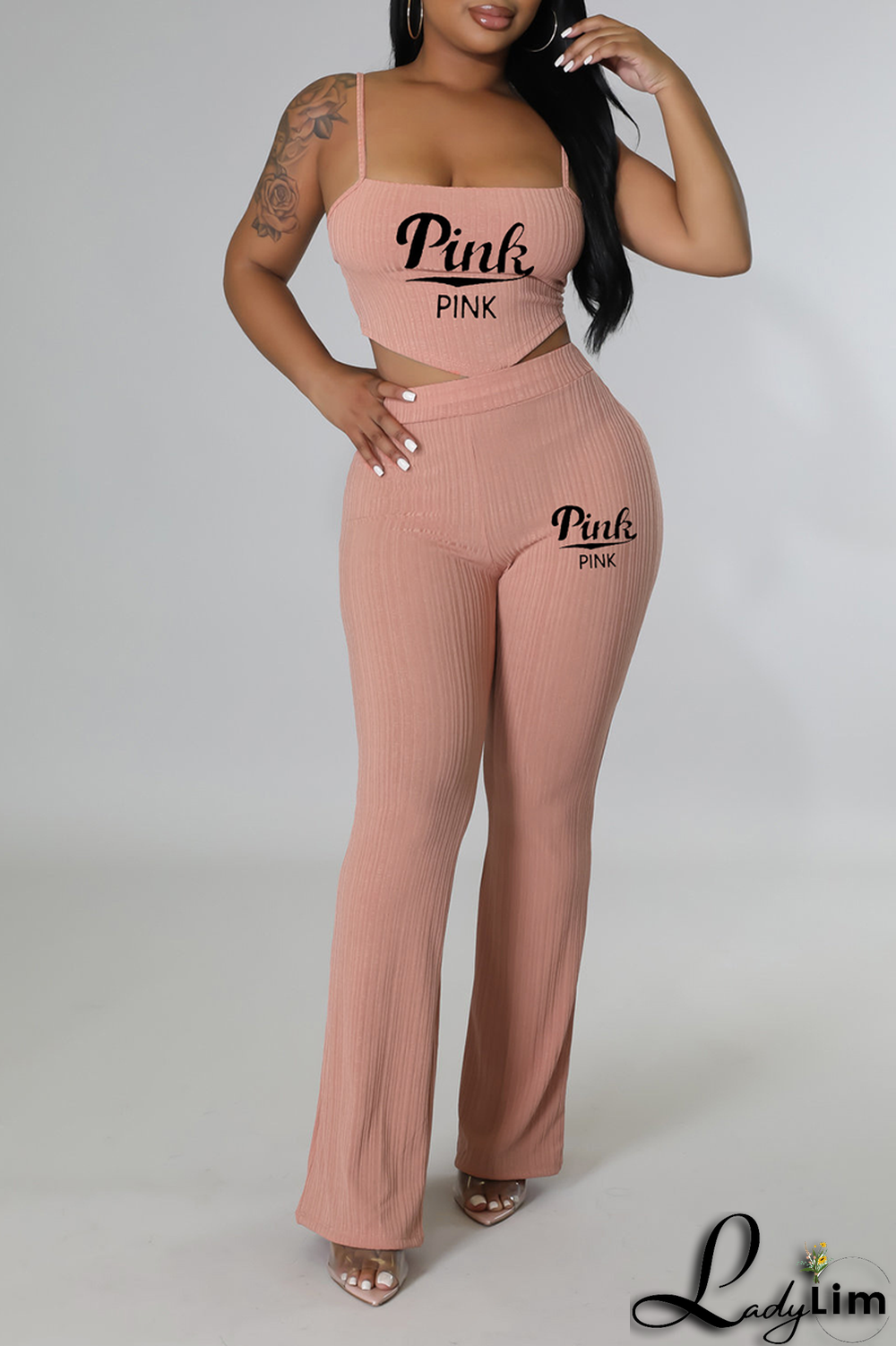 Orange Casual Print Letter Spaghetti Strap Sleeveless Two Pieces