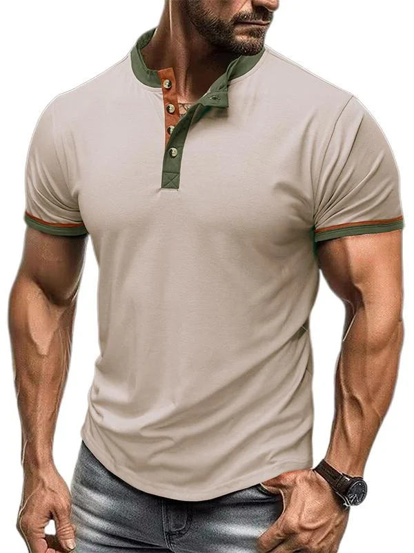Men's Short Sleeve Outdoor Henley Contrast Color Basic Base Top