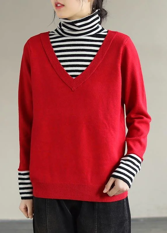 Cozy  Red Sweaters Plus Size Patchwork High Neck Blouse