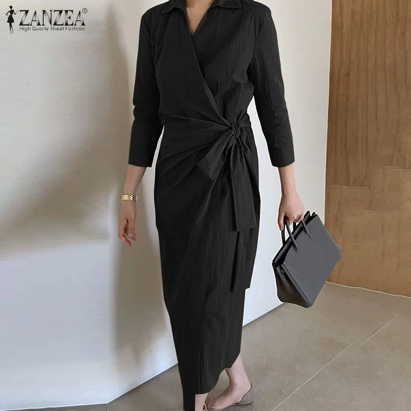 ZANZEA 2022 Stylish Maxi Dress Womens Spring Sundress Casual 3/4 Sleeve OL Style Vestidos Female Lapel Robe Belted Oversized