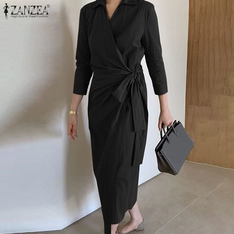 ZANZEA 2022 Stylish Maxi Dress Womens Spring Sundress Casual 3/4 Sleeve OL Style Vestidos Female Lapel Robe Belted Oversized