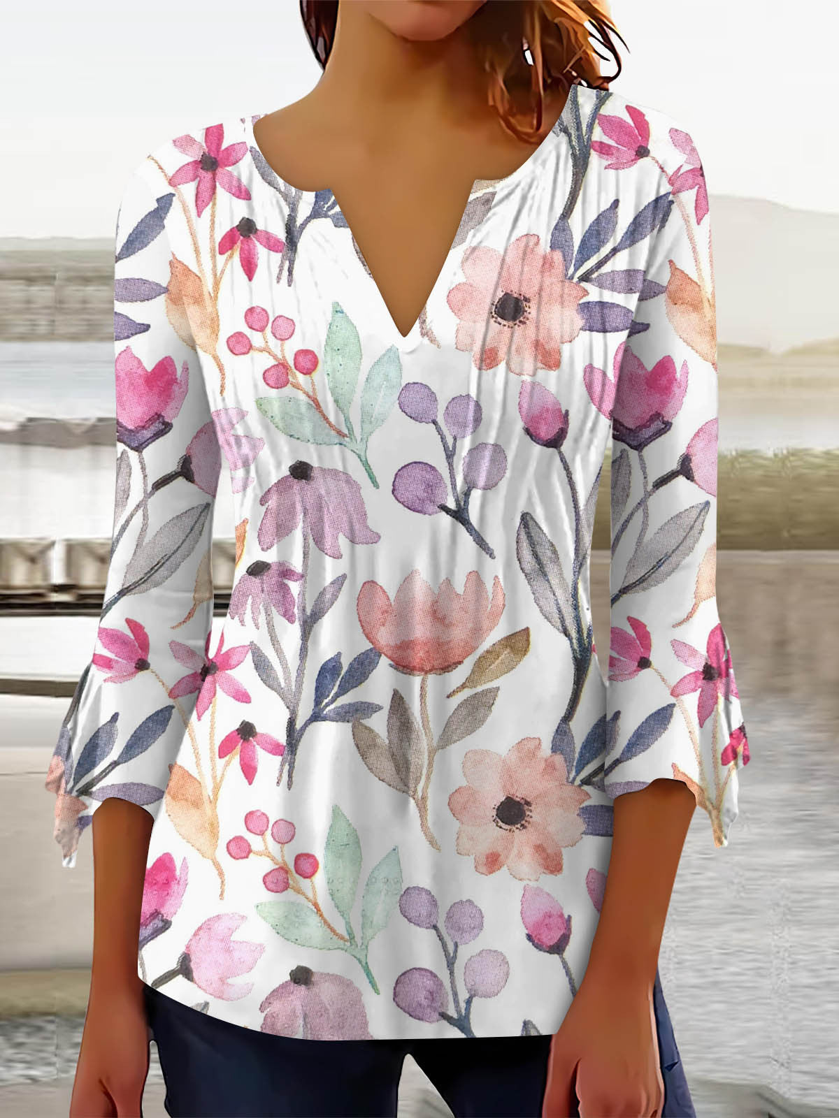 Women's Graphic Floral Printed Sequins V-Neck Long Sleeved Top