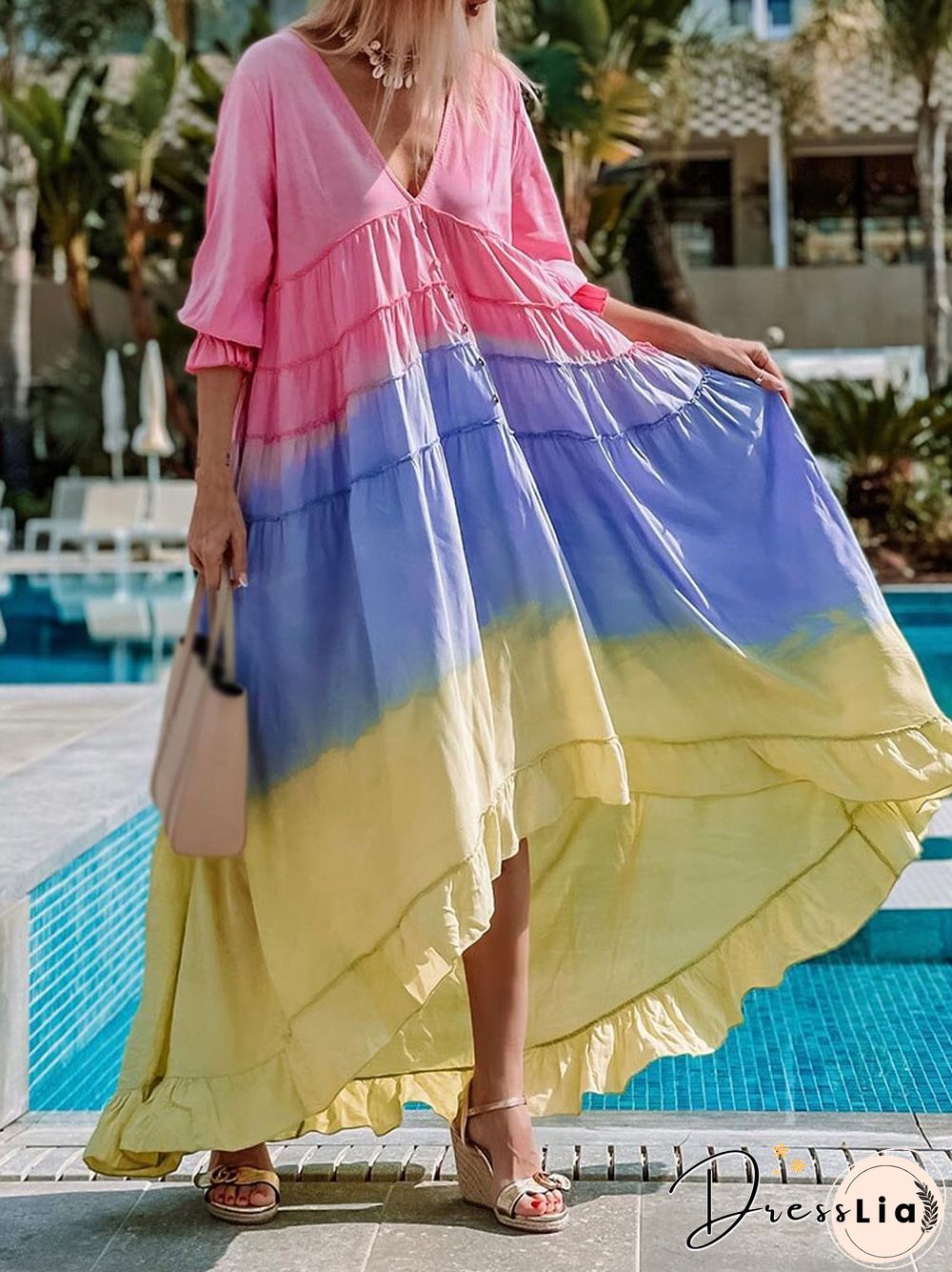 Summer Fashion Rainbow Multicolor Irregular Dress Women Casual Half Sleeve V Neck Button Ruffle Loose Big Hem Beach Dresses