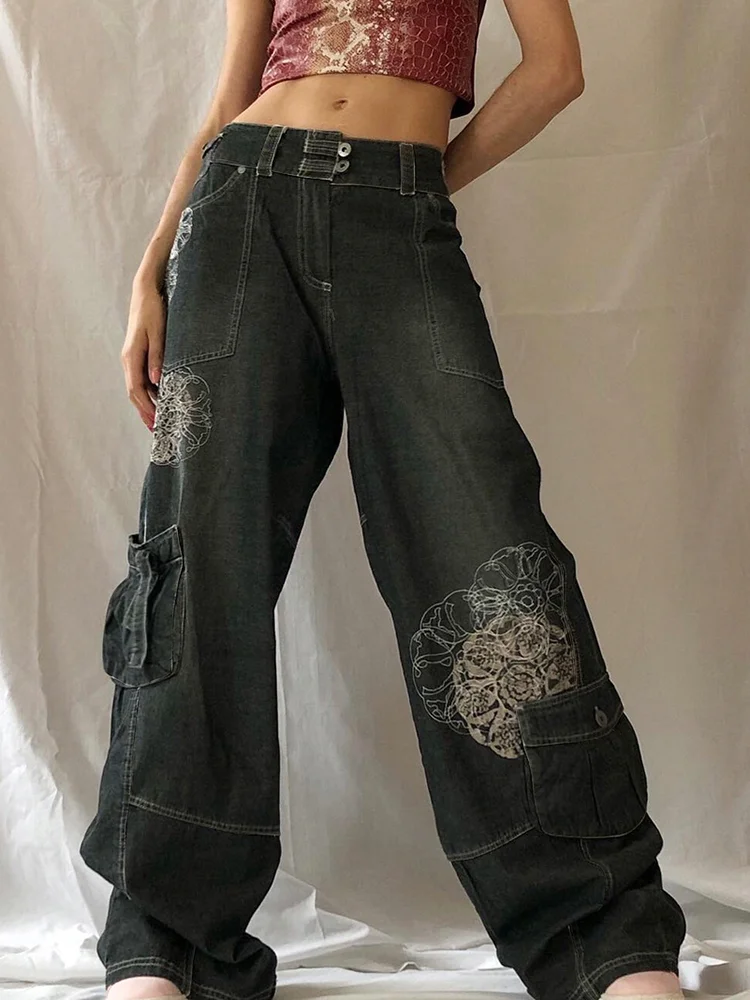 Zingj SUCHCUTE Streetwear Baggy Jeans Women Low Waist Vintage Print Casual Wide Leg Pants Harajuku Aesthetic Girl Retro Loose Trousers