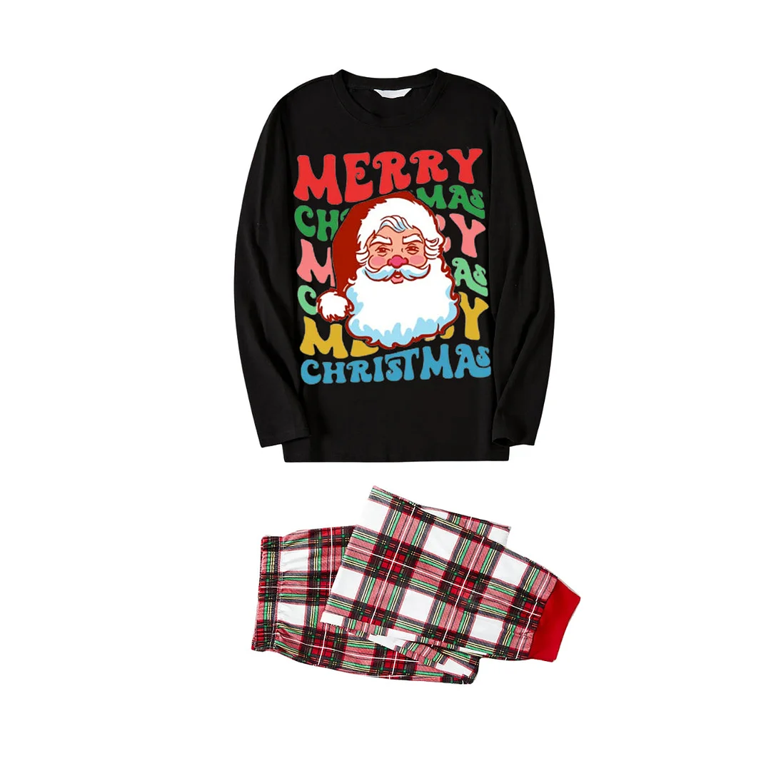 Colorful "Merry Christmas" and Santa Claus Print Black Top with Red & White & Green Plaid Pants Family Matching Pajamas