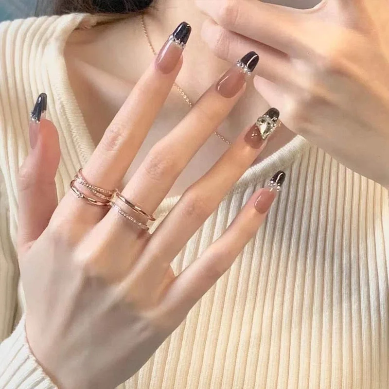 24pcs Rhinestone Design Fake Nails Shiny Bridal Women Lady party nail DIy Decorations Press On nail Tips False Nail Patch-Nail Inspo