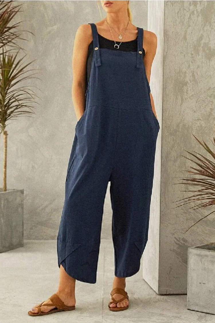 Plus Size Casual Navy Blue Cotton And Linen Pocket Jumpsuit  Flycurvy [product_label]