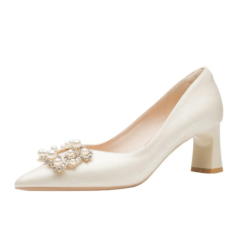 Churchf New Xiuhe Wedding Dress Silk Head Slender High Heel Wedding Shoes Coarse Heel Shallow Singles Women's Dress Shoes