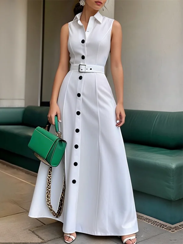 A-Line High Waisted Belted Buttoned Solid Color Lapel Maxi Dresses