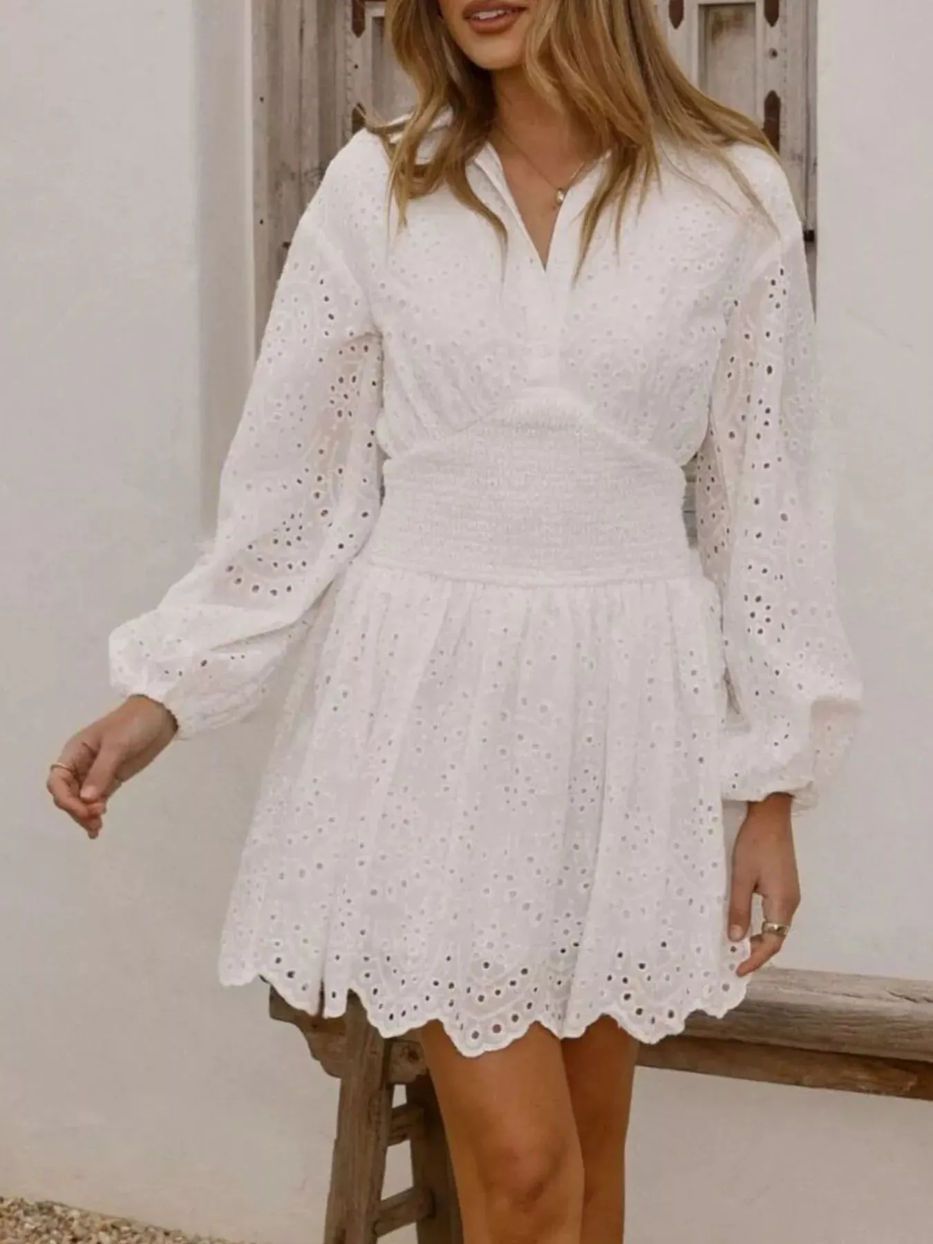 Eyelet Balloon Sleeve Mini Dress mysite idetrend