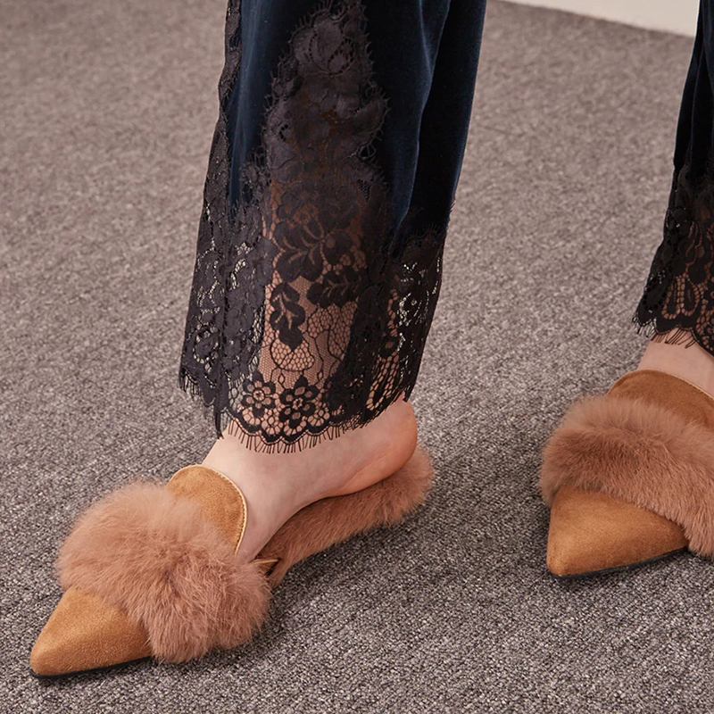 Brown Vegan Suede Pointed Toe Fur Trim Casual Flat Mule Loafers