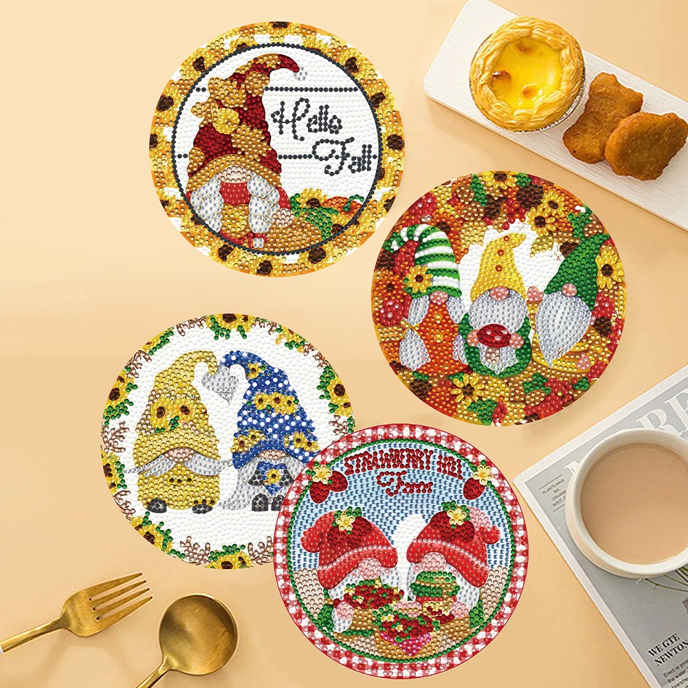 4pcs DIY Gnome Wooden Diamond Painted Placemats for Dining Table Decor(15*15cm)