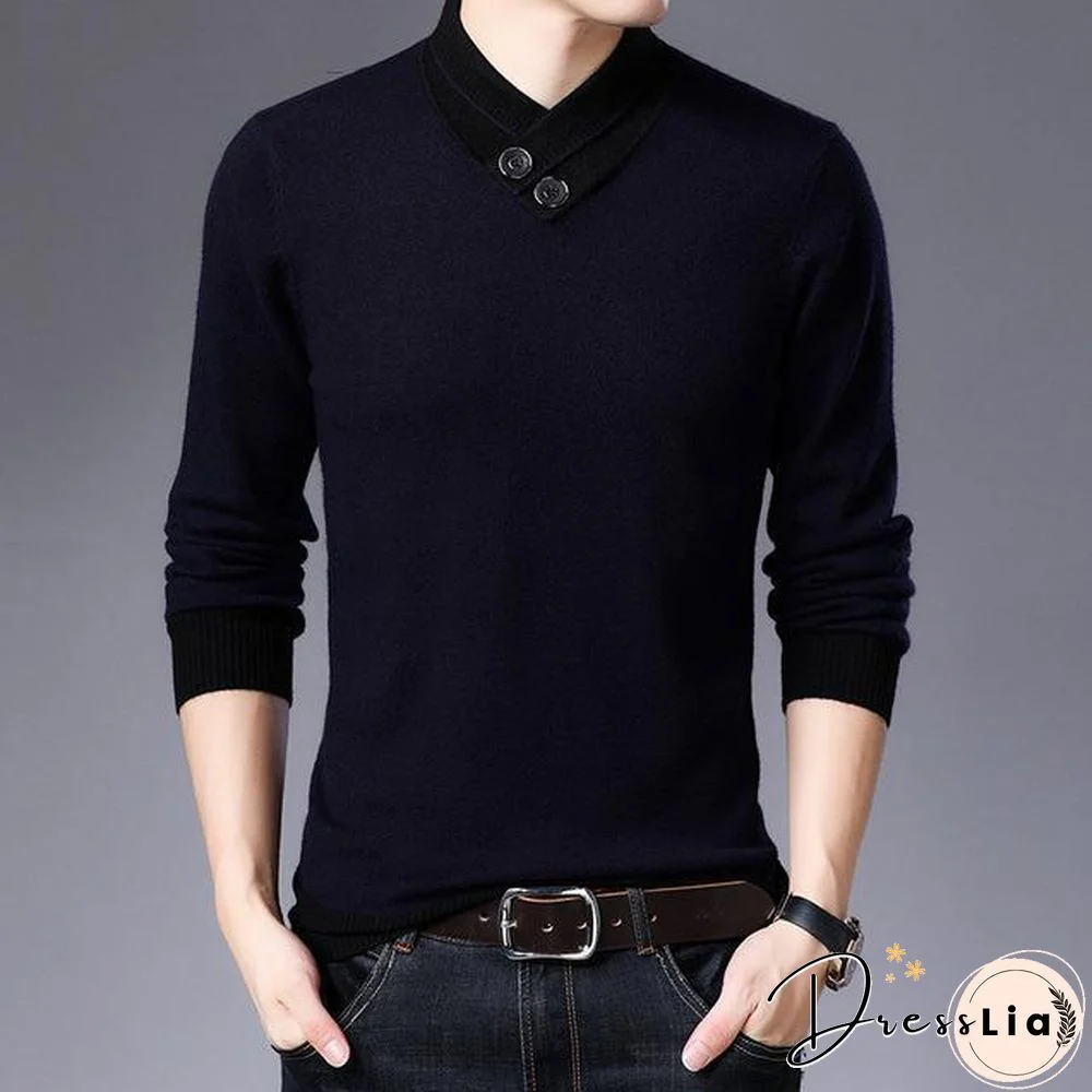 Men Thick Warm Wool Pullover Button Turtleneck Pull Knitwear Sweater Tops