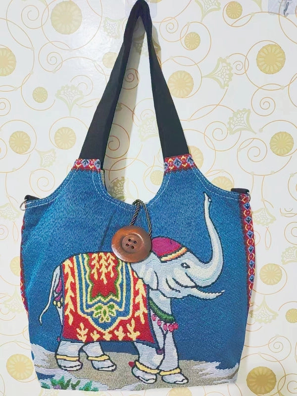 Women’s Large Canvas Elephant Ethnic Style Square Zipper Shoulder Bag